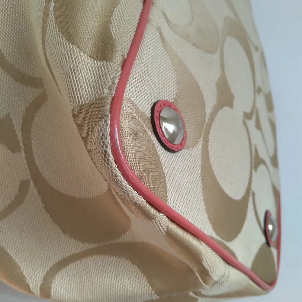 Coach Signature Stripe Kiss Lock Coral & Beige Frame Carryall Bag